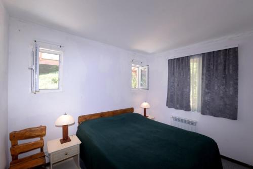 a bedroom with a green bed and two windows at Sochi Guest House in Dilijan