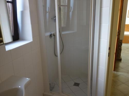 a shower with a glass door next to a sink at MINERVA in Špindlerův Mlýn