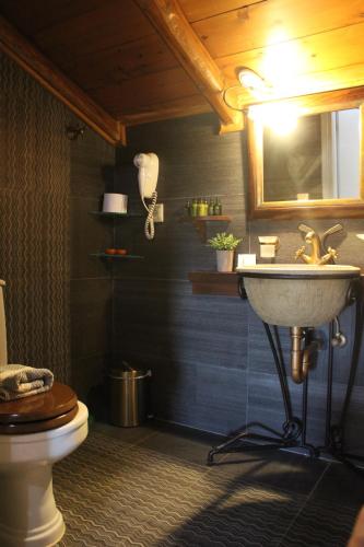 a bathroom with a sink and a toilet at Εn Plo Luxury Suites in Karavostasion