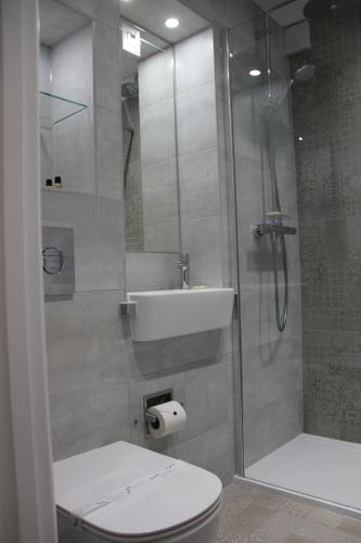 a bathroom with a shower and a toilet and a sink at Centennial Hotel in Cambridge