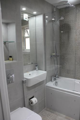 a bathroom with a toilet and a sink and a shower at Centennial Hotel in Cambridge