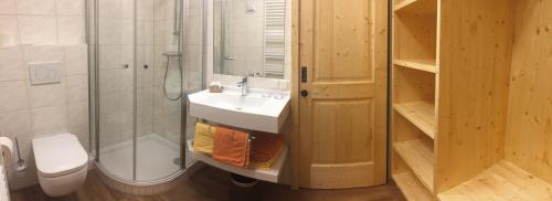 a bathroom with a sink and a toilet and a shower at Bio - Hotel - Alpengasthof Koralpenblick in Deutschlandsberg