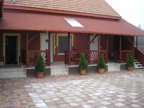 a red building with potted plants in front of it at Horvath Vendeghaz in Hegyeshalom