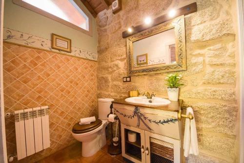 łazienka z umywalką, toaletą i lustrem w obiekcie Cas do Mestre Casa rural con Encanto w mieście Pontevedra
