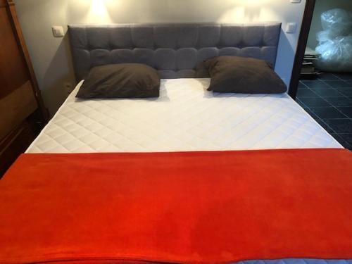 uma cama grande com duas almofadas em cima em Ferme du Charme em Moustier