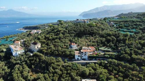 an aerial view of a house on a hill next to the ocean at Villa Manu in Massa Lubrense