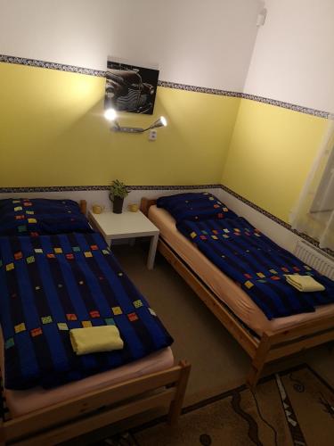 two beds in a room with a camera on the wall at Penzion U našich in Mladé Buky