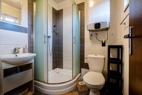 a bathroom with a shower and a toilet and a sink at Piemonti Bešeňová in Bešeňová