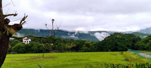 a field with a house in the middle of a mountain at Hotel Campo Real Plus Tamasopo in Tamasopo