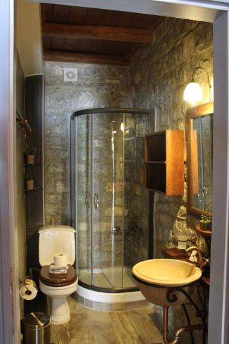 a bathroom with a shower with a toilet and a sink at Εn Plo Luxury Suites in Karavostasion
