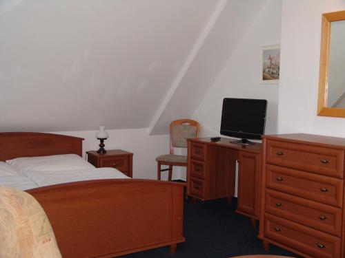 a bedroom with a bed and a tv on a dresser at Penzion Kamínek in Janske Lazne