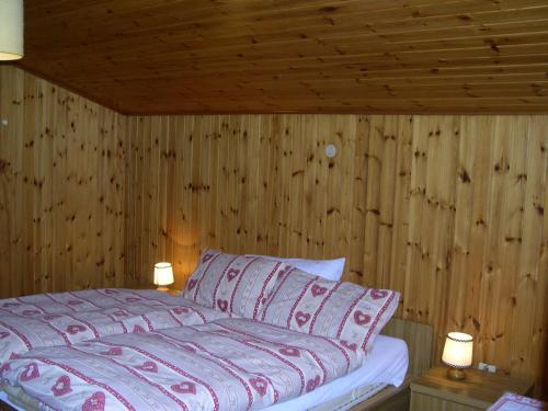 1 dormitorio con 1 cama con paredes de madera y 2 lámparas en Apartment Sellaronda Canazei, en Canazei