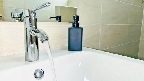 a bathroom sink with a soap dispenser sitting on it at Apartment PASMAN - appartement 50 m2 et piscine in Pakoštane