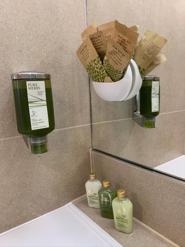 a bathroom with a sink with a mirror and some bottles at Park-Lodge Am Rohrbusch in Münster