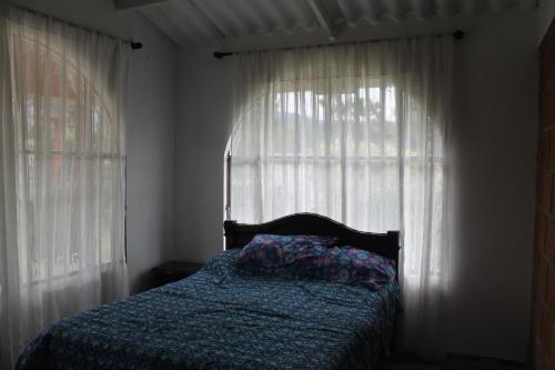 a bedroom with a bed and a window with curtains at Casa campestre arbelaez in Arbeláez