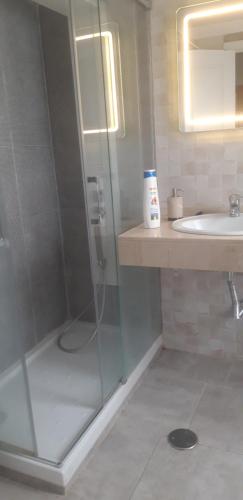 y baño con ducha y lavamanos. en Habitaciones amplias en el Centro de Granada, en Granada