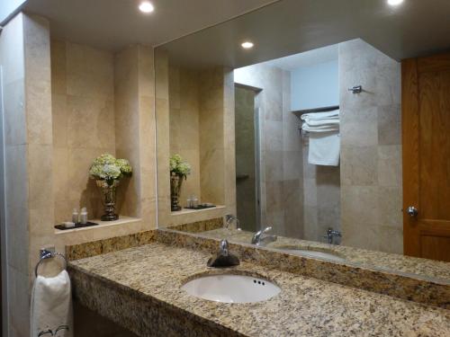 a bathroom with a sink and a large mirror at Hotel Amberes in Quer&eacute;taro