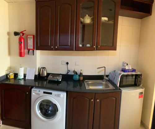 a kitchen with a washing machine and a sink at Wait N Sea !! Sea View Studio Ras Al Khaimah in Ras al Khaimah
