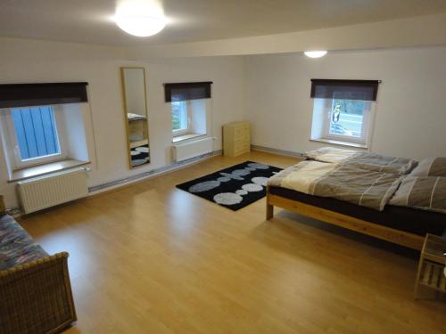 1 dormitorio con 1 cama y 2 ventanas en Haus Wangen 