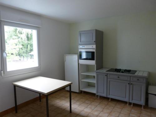 Il comprend une cuisine équipée d'une cuisinière, d'un réfrigérateur et d'une table. dans l'établissement La Saucée, à Ban-sur-Meurthe-Clefcy