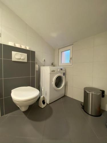 a bathroom with a toilet and a washing machine at Apartments Grozdana in Gradac