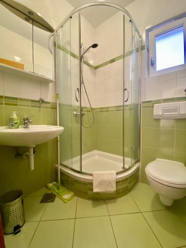a bathroom with a shower and a toilet and a sink at Apartments Grozdana in Gradac
