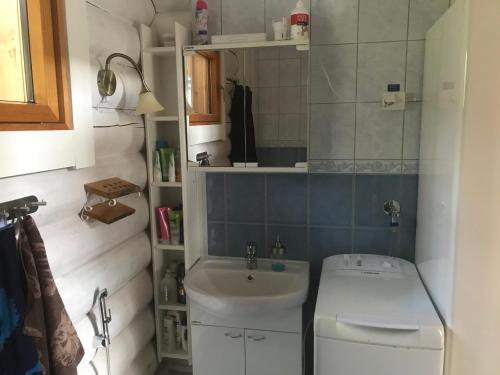 a small bathroom with a sink and a toilet at Chalet Ahma in Jurmu