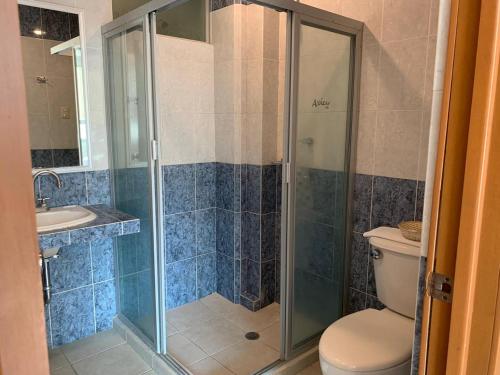 La salle de bains est pourvue d'une douche, de toilettes et d'un lavabo. dans l'établissement Hotel Alcázar, à Poza Rica de Hidalgo