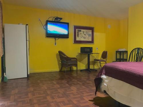 um quarto com uma cama e uma televisão numa parede amarela em Commodore Motel em Oakland