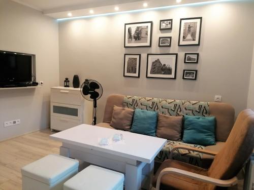 a living room with a couch and a table at Apartamenty Copernicus - zameldowanie 24 h in Toruń