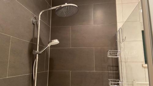 a shower with a shower head in a bathroom at FerienAppartement NO.18 in Sangerhausen