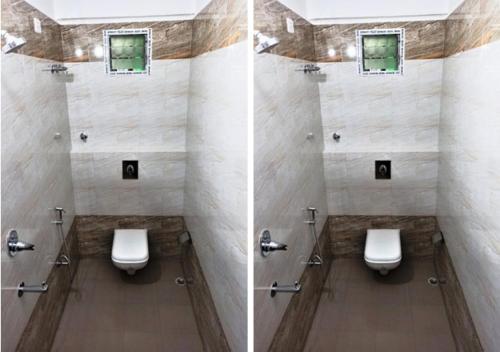 two images of a bathroom with two urinals in a room at Hotel Prince B in Guwahati