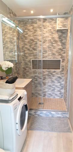 une machine à laver dans une salle de bain avec douche dans l'établissement Voyage au coeur d Etampes, à Étampes