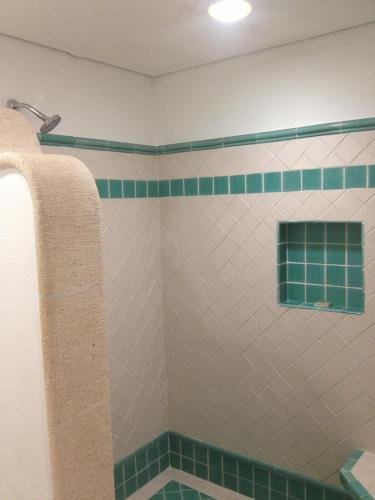 a bathroom with a shower with green and white tile at Las Villas Akumal in Akumal