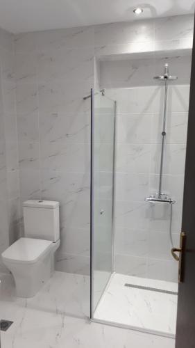 a bathroom with a toilet and a glass shower at Villa Sandra in Kriopigi
