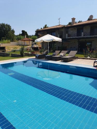 uma grande piscina com água azul num quintal em Villa Sandra em Kriopigi