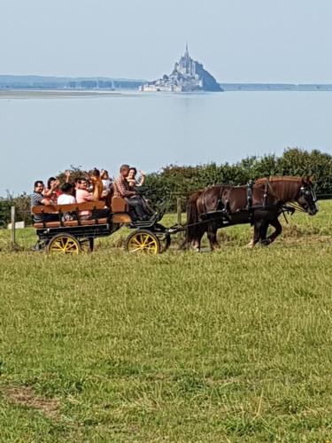 a group of people riding in a horse drawn carriage at Chez Jollyjune, à moins d'une heure du Mont Saint Michel in Champeaux