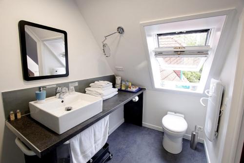 un bagno con lavandino, WC e specchio di A la Maison du Héron a Villeneuve d'Ascq