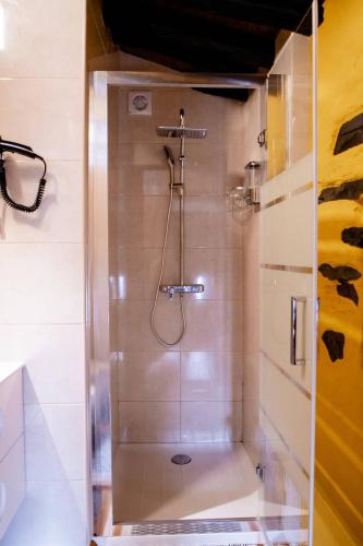 a shower in a bathroom with a glass door at Montanhas do Xisto - Casa da Eira in Candal