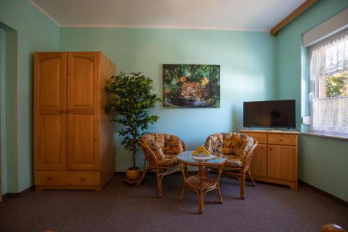 a living room with a table and chairs and a tv at Pension Eric in Ostrov
