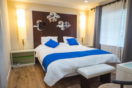 a bedroom with a large bed with blue pillows at Great Stay in San Jose in San Jose