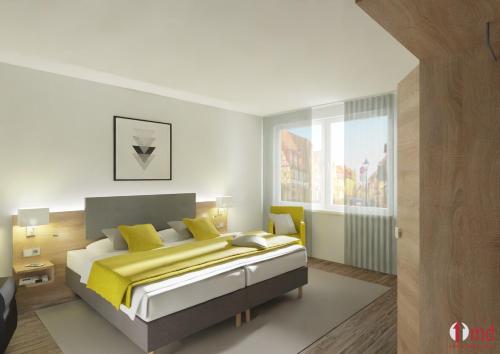 a white bedroom with a yellow bed and a window at Aparthotel AVANGARD Living in Forchheim