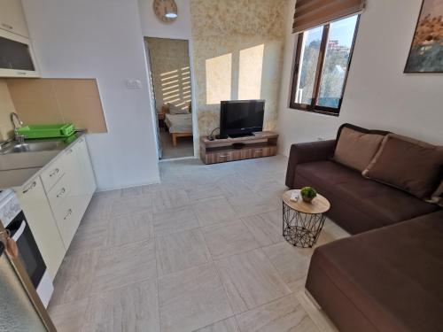a living room with a couch and a tv at Apartments Val Maslina in Utjeha