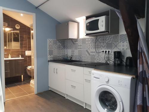 une cuisine avec un lave-linge et un micro-ondes dans l'établissement Chambre d'Hôtes La Rose des Vents, à Sathonay-Camp