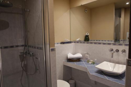 a bathroom with a toilet and a sink and a shower at Logis Auberge du Barrez in Mur-de-Barrez