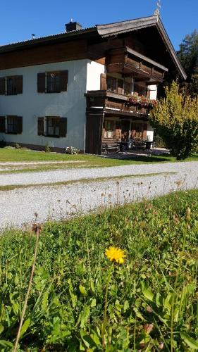 a house on the side of a road with a yellow flower at Landhaus Hoschek in Scheffau am Wilden Kaiser