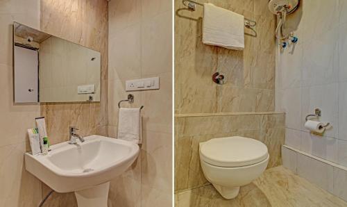 two pictures of a bathroom with a toilet and a sink at Sai Samrat Resort in Satara