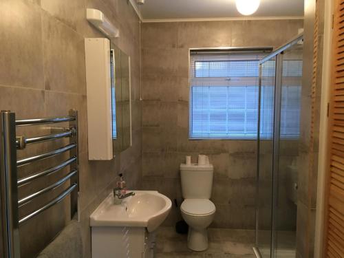 a bathroom with a toilet and a sink and a shower at Bolams Holiday Homes in Thomastown