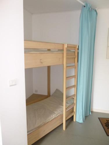 un lit superposé dans une petite pièce avec une échelle dans l'établissement Gîtes de L'Eguille, à LʼÉguille