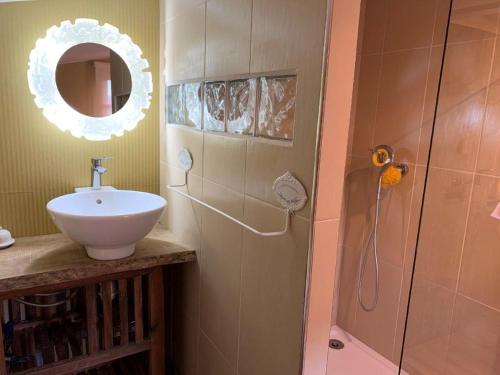a bathroom with a sink and a shower with a mirror at Logis Hotel Nature Cathare in Léran